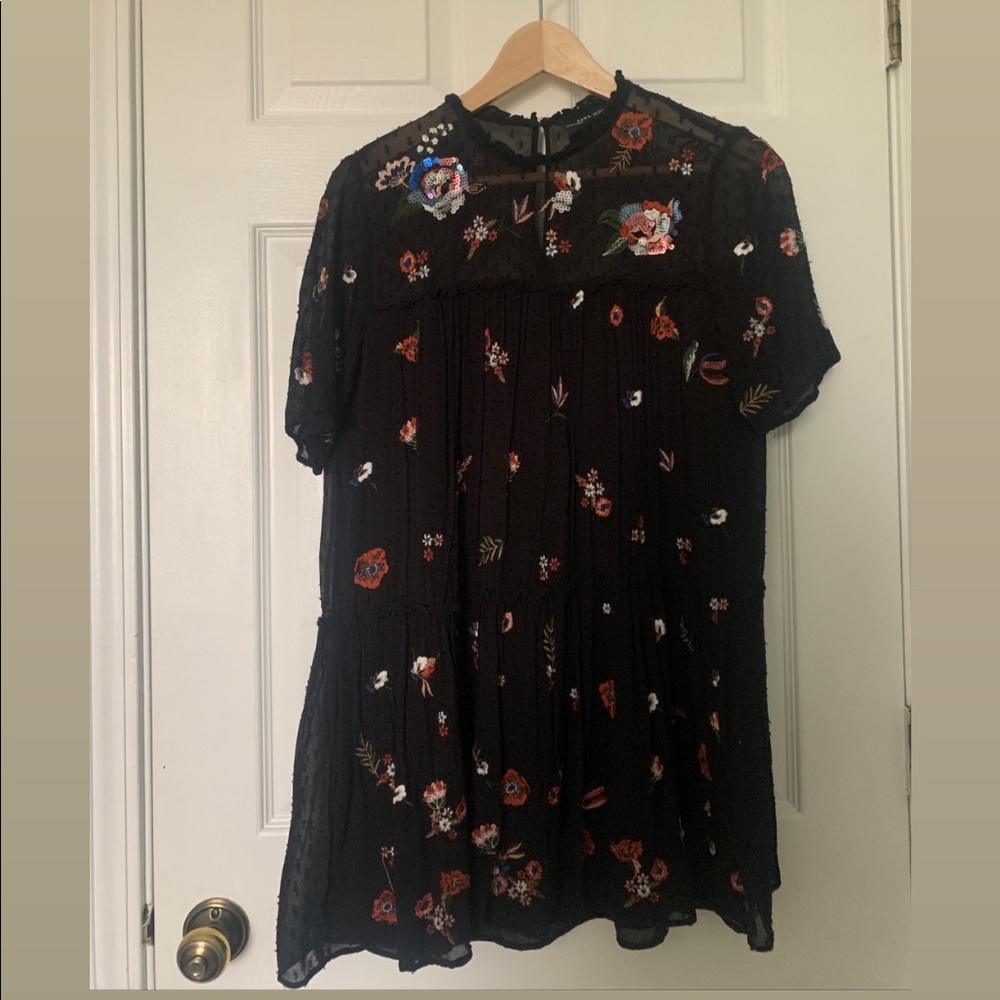 Zara Woman Black x Sequined Floral Dress